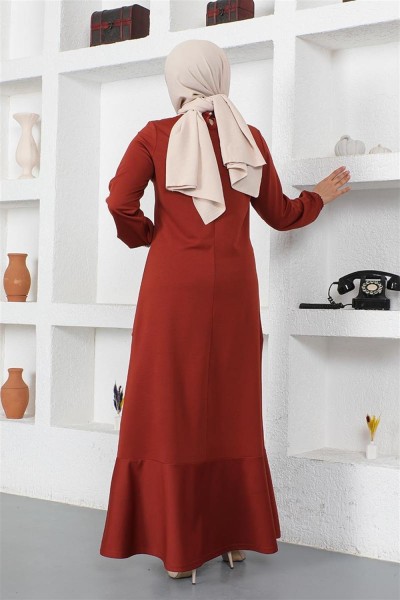 Dikiş Detaylı Elbise KİREMİT - Thumbnail