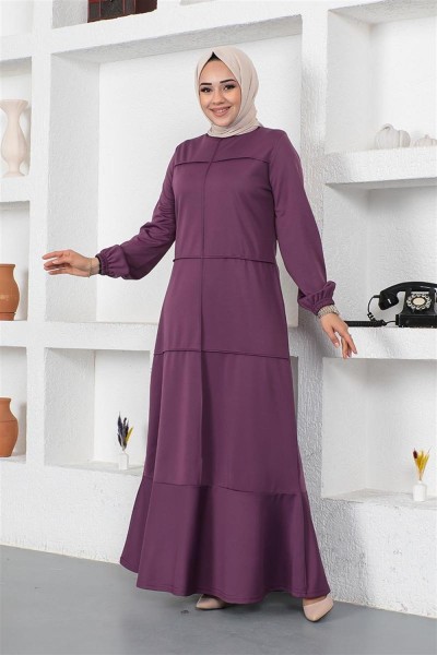 Dikiş Detaylı Elbise MOR - Thumbnail