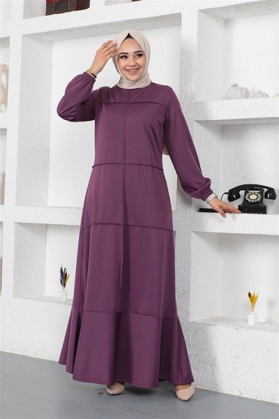 Dikiş Detaylı Elbise MOR - Thumbnail