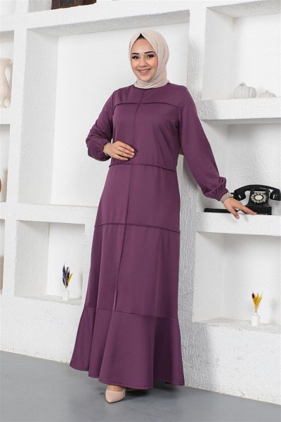 Dikiş Detaylı Elbise MOR - Thumbnail