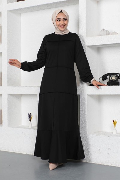 Dikiş Detaylı Elbise SİYAH - Thumbnail
