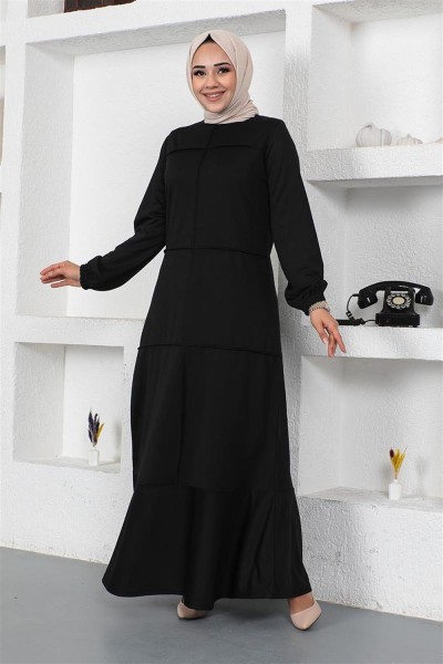 Dikiş Detaylı Elbise SİYAH - Thumbnail