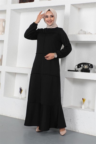 Dikiş Detaylı Elbise SİYAH - Thumbnail