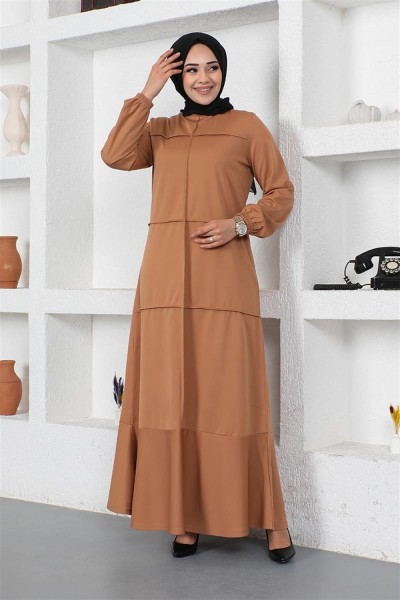 MG - Dikiş Detaylı Elbise TABA