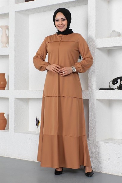 Dikiş Detaylı Elbise TABA - Thumbnail