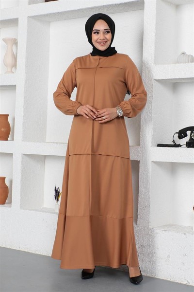 Dikiş Detaylı Elbise TABA - Thumbnail