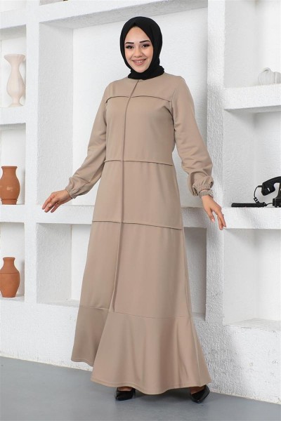 Dikiş Detaylı Elbise VİZON - Thumbnail