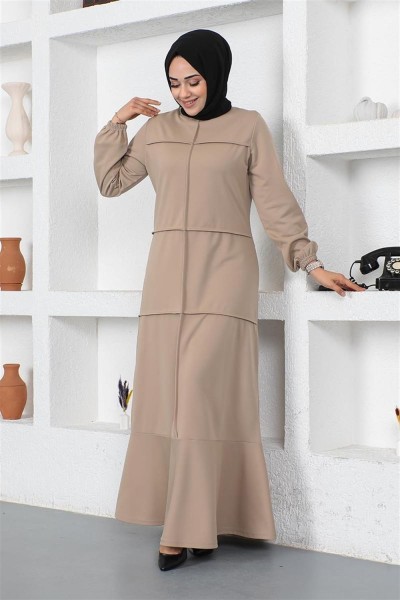 Dikiş Detaylı Elbise VİZON - Thumbnail