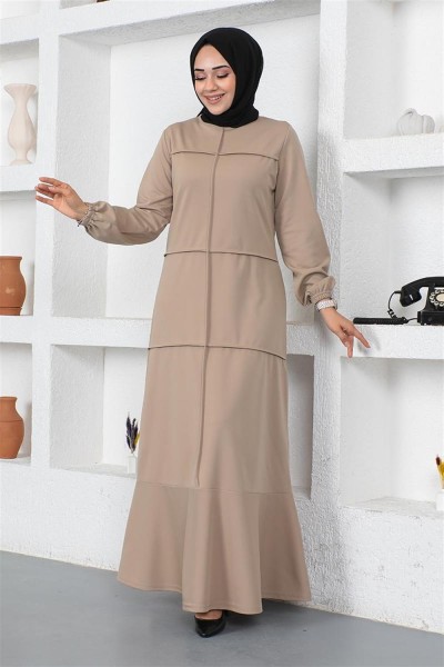 Dikiş Detaylı Elbise VİZON - Thumbnail