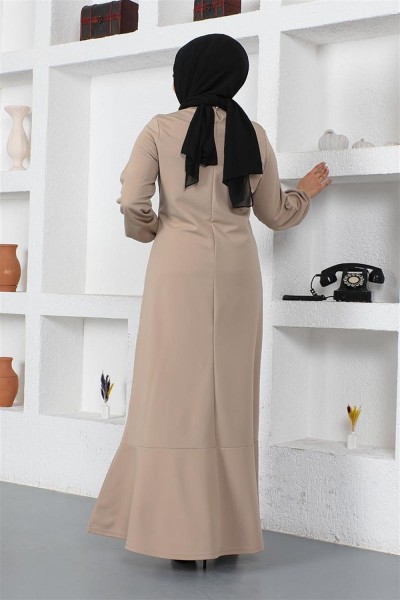 Dikiş Detaylı Elbise VİZON - Thumbnail