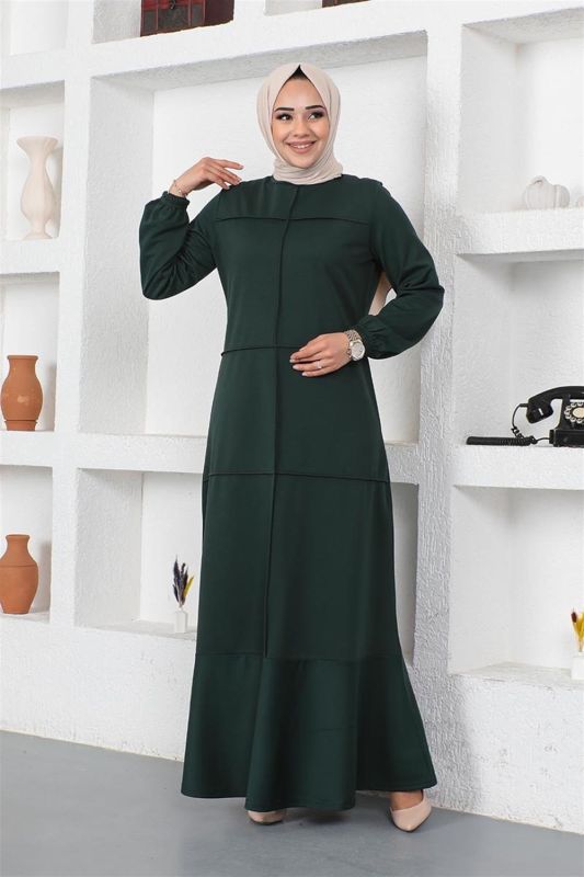Dikiş Detaylı Elbise ZÜMRÜT YEŞİLİ - 1