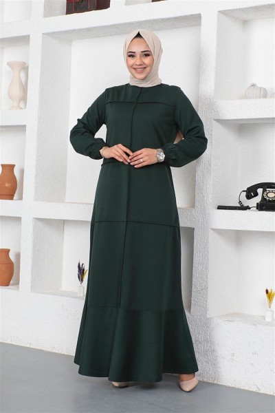 Dikiş Detaylı Elbise ZÜMRÜT YEŞİLİ - Thumbnail