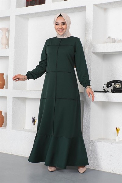 Dikiş Detaylı Elbise ZÜMRÜT YEŞİLİ - Thumbnail