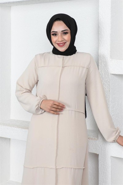 Dikiş Detaylı Model Elbise BEJ - Thumbnail