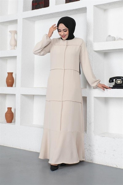 Dikiş Detaylı Model Elbise BEJ - Thumbnail
