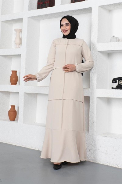 Dikiş Detaylı Model Elbise BEJ - Thumbnail