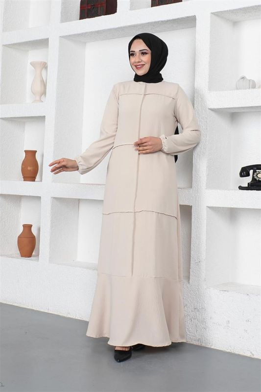 Dikiş Detaylı Model Elbise BEJ - 4