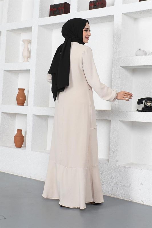 Dikiş Detaylı Model Elbise BEJ - 5