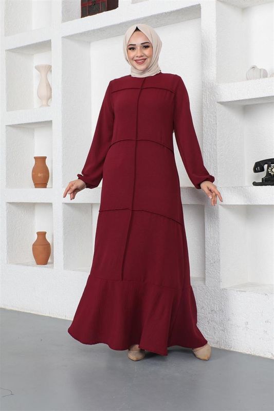 Dikiş Detaylı Model Elbise BORDO - 1