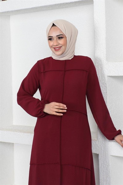 Dikiş Detaylı Model Elbise BORDO - Thumbnail