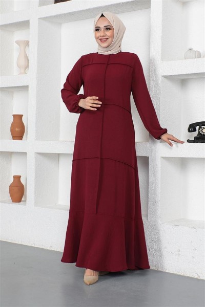 Dikiş Detaylı Model Elbise BORDO - Thumbnail