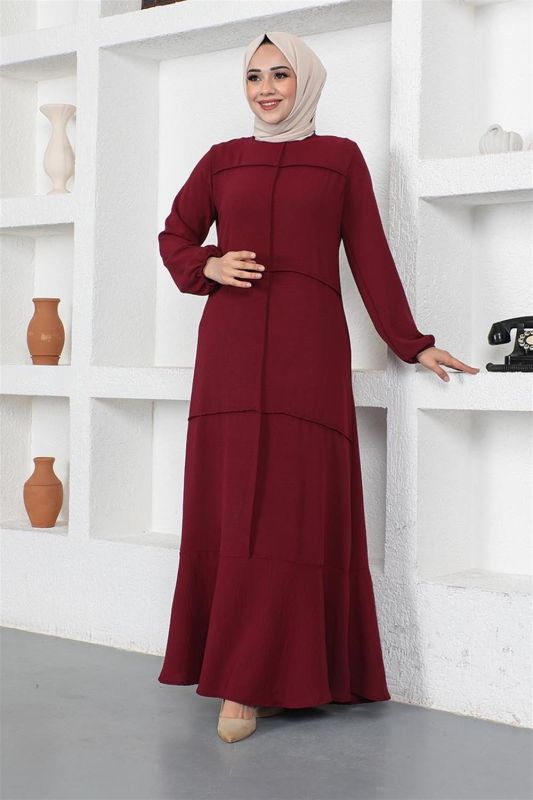 Dikiş Detaylı Model Elbise BORDO - 3