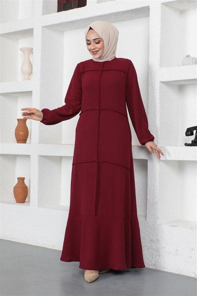 Dikiş Detaylı Model Elbise BORDO - Thumbnail