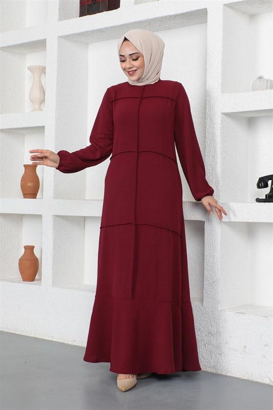 Dikiş Detaylı Model Elbise BORDO - 4