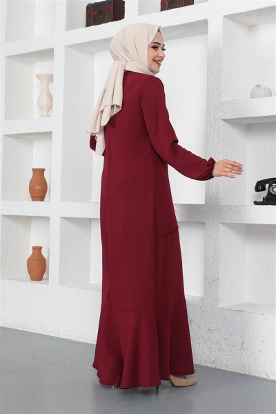 Dikiş Detaylı Model Elbise BORDO - Thumbnail