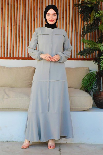 Dikiş Detaylı Model Elbise GRİ - Thumbnail