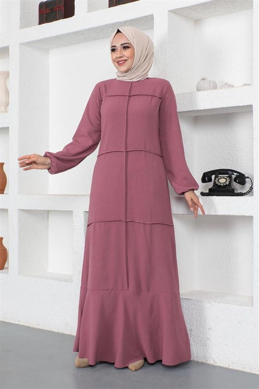 Dikiş Detaylı Model Elbise GÜL KURUSU - 1