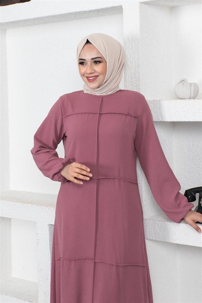 Dikiş Detaylı Model Elbise GÜL KURUSU - Thumbnail