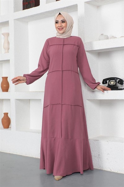 Dikiş Detaylı Model Elbise GÜL KURUSU - Thumbnail