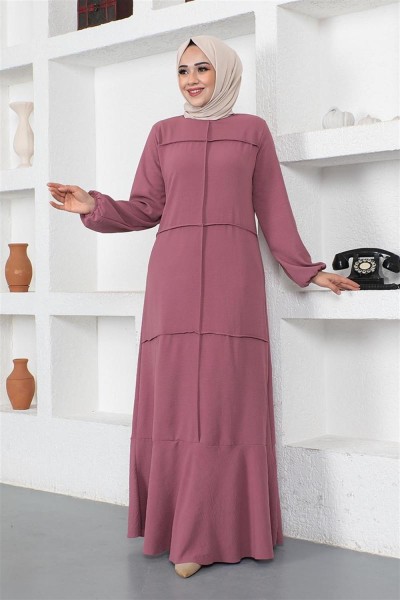 Dikiş Detaylı Model Elbise GÜL KURUSU - Thumbnail