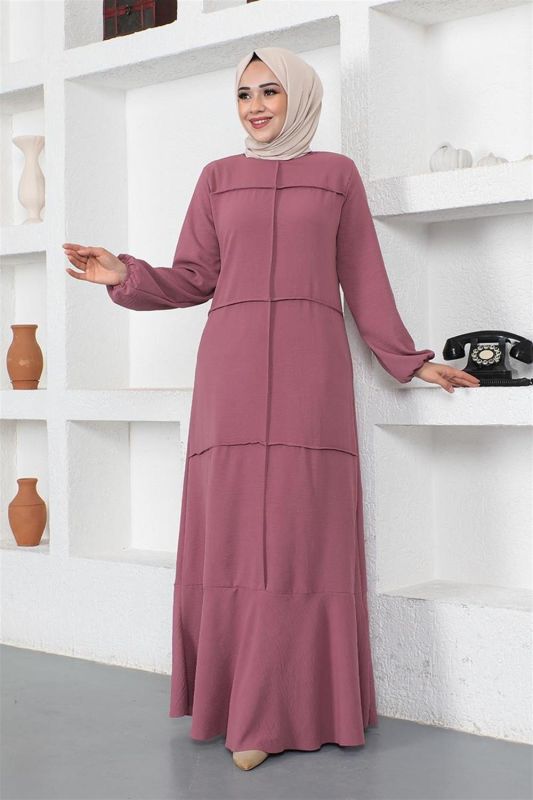 Dikiş Detaylı Model Elbise GÜL KURUSU - 4
