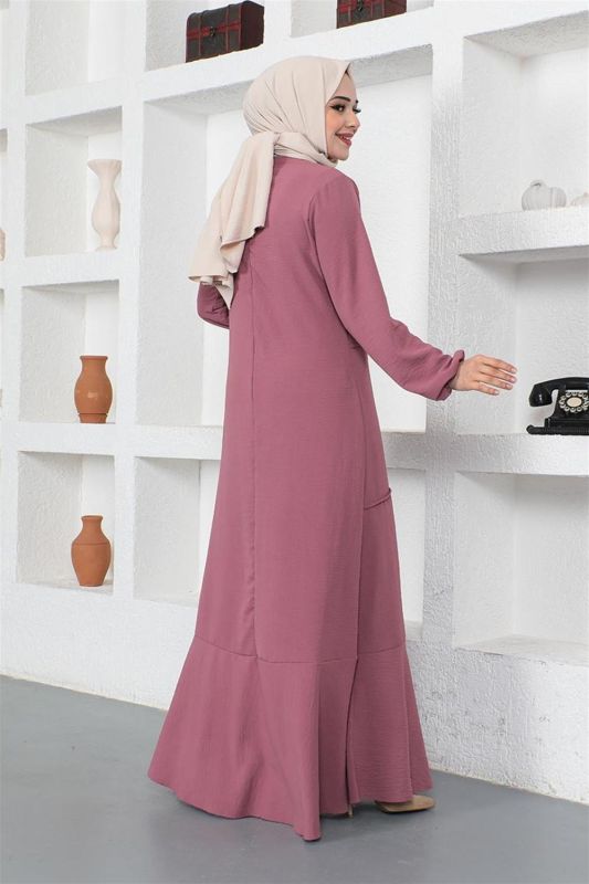 Dikiş Detaylı Model Elbise GÜL KURUSU - 5