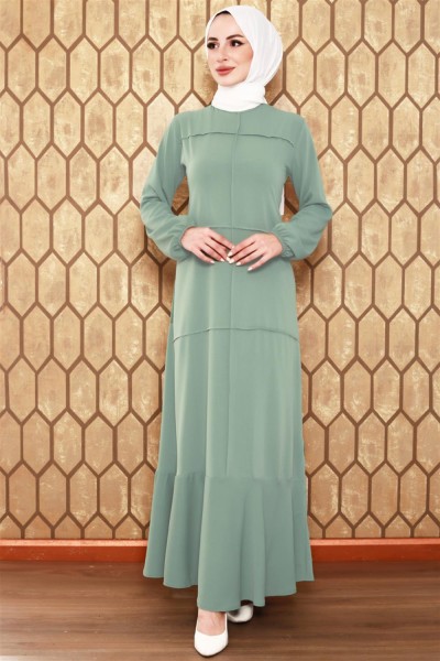 Dikiş Detaylı Model Elbise HAKİ - Thumbnail