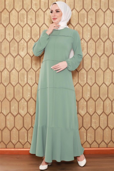 Dikiş Detaylı Model Elbise HAKİ - Thumbnail