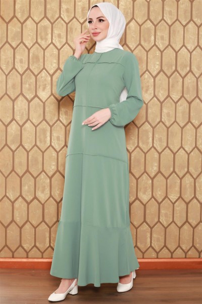 Dikiş Detaylı Model Elbise HAKİ - Thumbnail