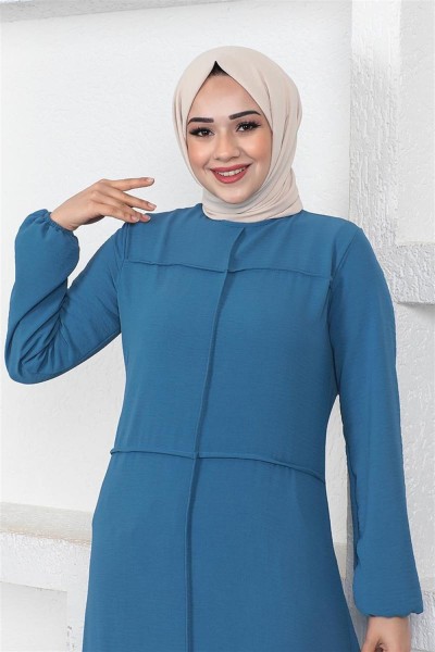 Dikiş Detaylı Model Elbise İNDİGO - Thumbnail