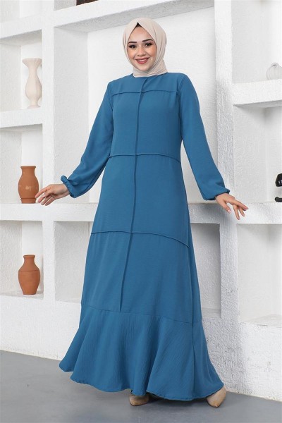 Dikiş Detaylı Model Elbise İNDİGO - Thumbnail