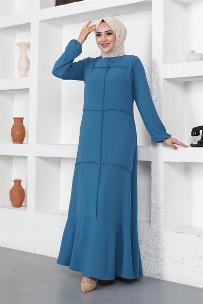 Dikiş Detaylı Model Elbise İNDİGO - Thumbnail