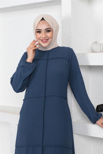 Dikiş Detaylı Model Elbise PETROL - Thumbnail