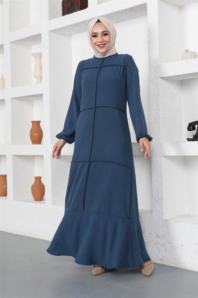 Dikiş Detaylı Model Elbise PETROL - Thumbnail