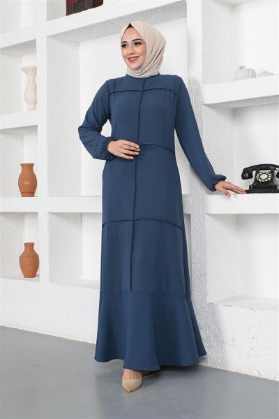 Dikiş Detaylı Model Elbise PETROL - Thumbnail