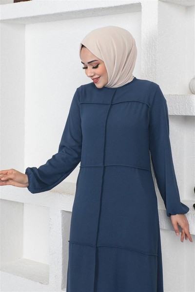 Dikiş Detaylı Model Elbise PETROL - Thumbnail