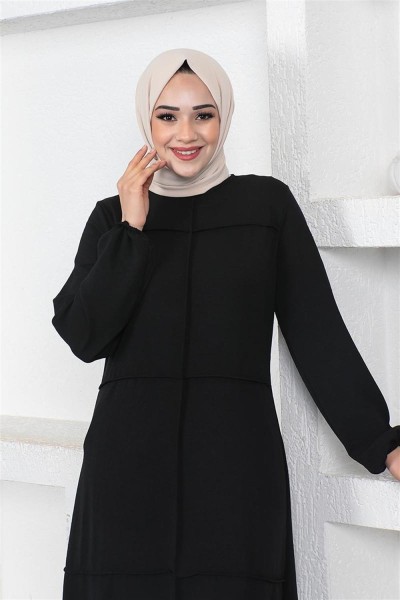 Dikiş Detaylı Model Elbise SİYAH - Thumbnail