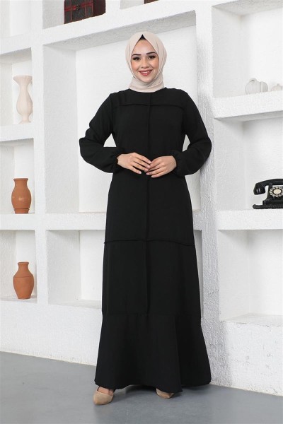 Dikiş Detaylı Model Elbise SİYAH - Thumbnail