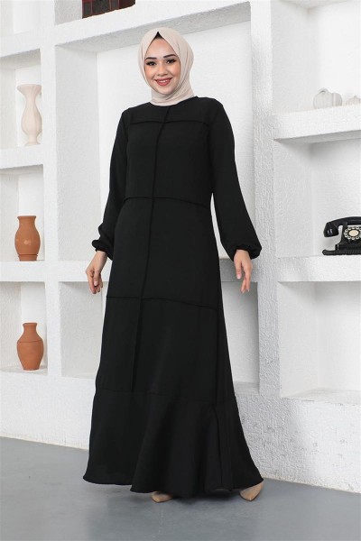 Dikiş Detaylı Model Elbise SİYAH - Thumbnail