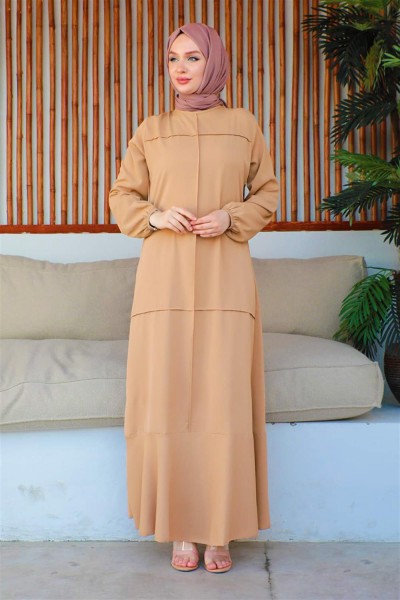 Dikiş Detaylı Model Elbise VİZON - Thumbnail